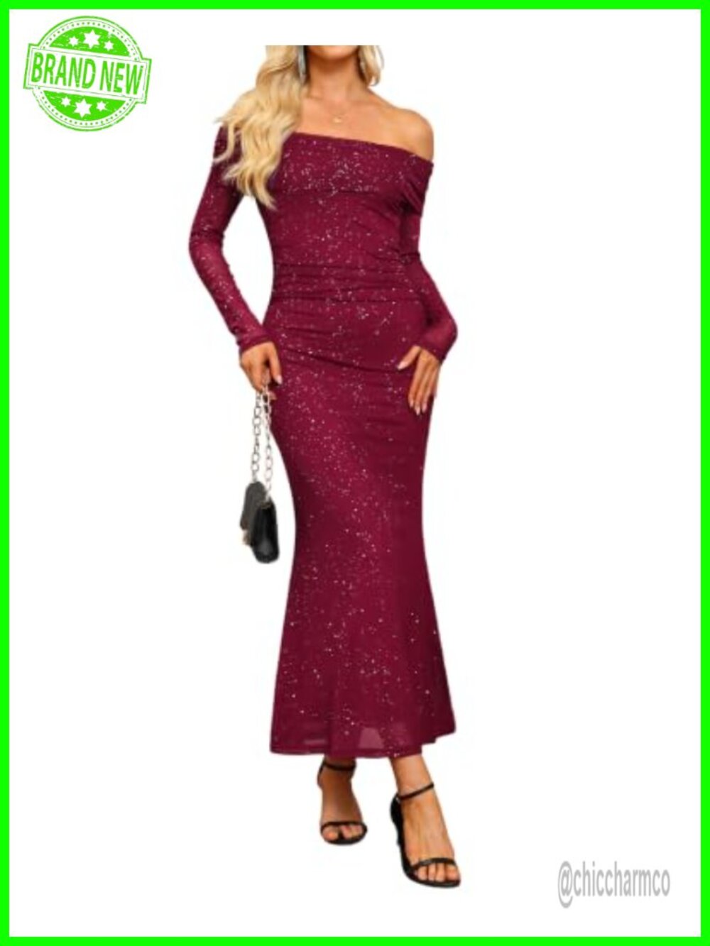 Off Shoulder Long Sleeve Sequin Bodycon Maxi Dress Formal Wedding Guest